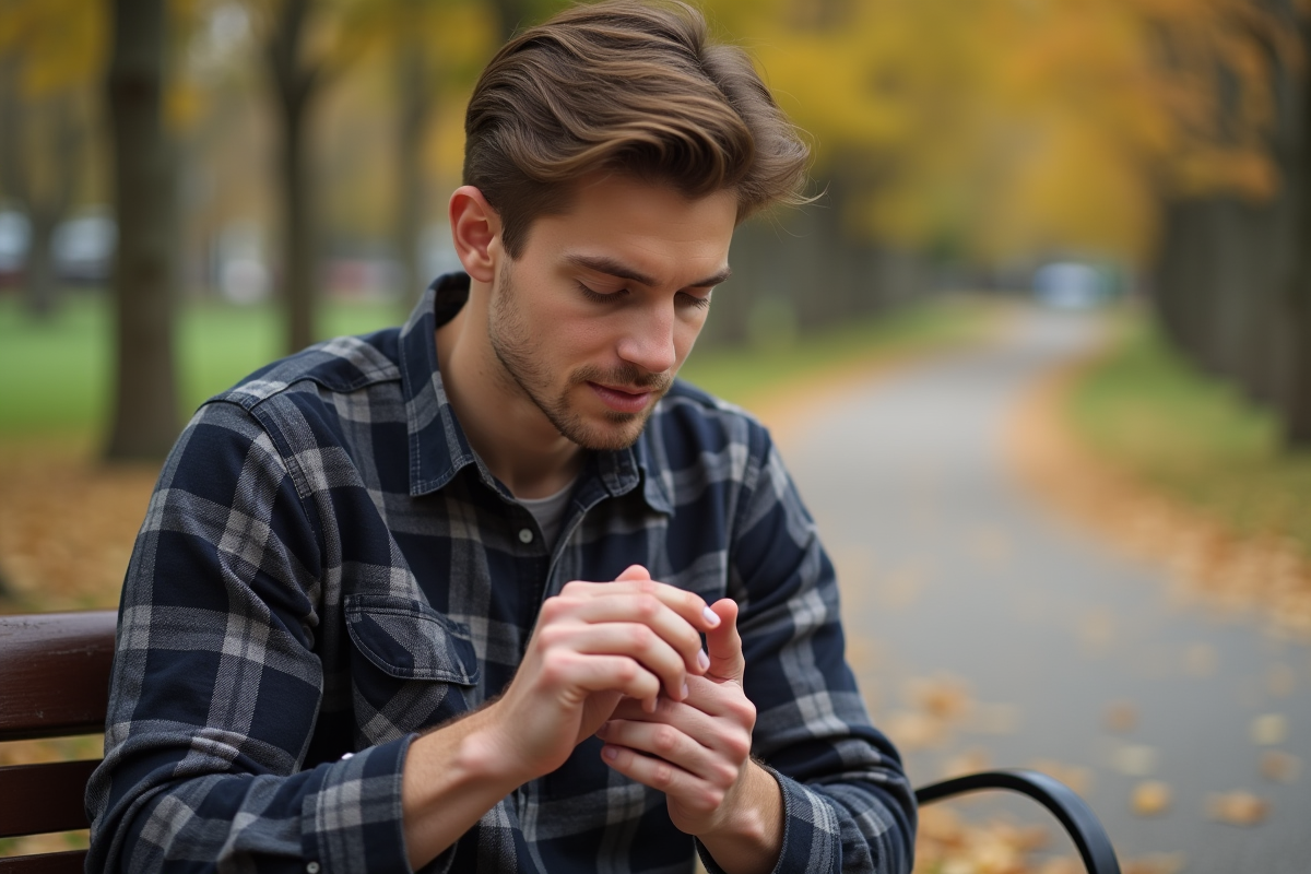 Jeune homme appliquant un baume sur ses doigts en plein air