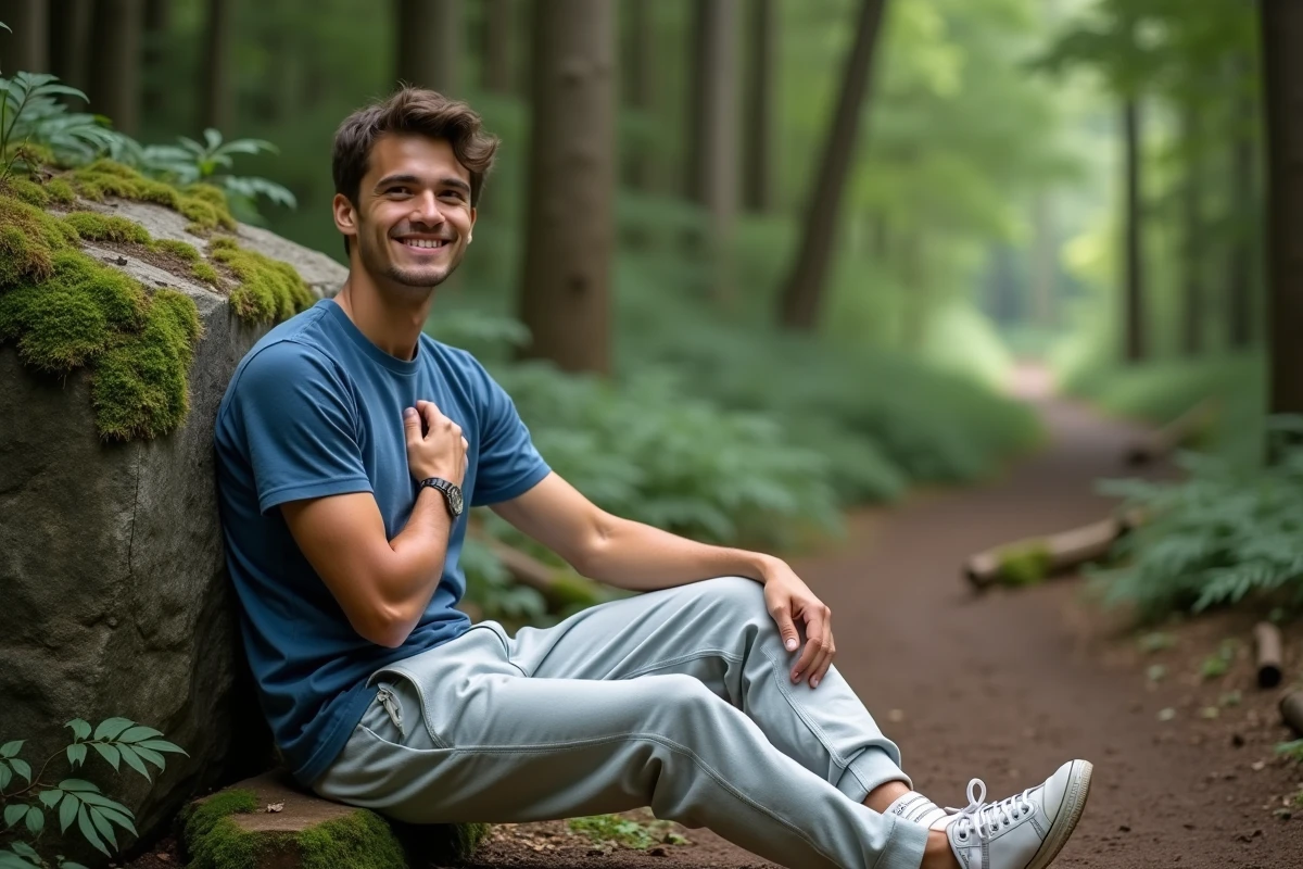 Jeune homme assis dans la forêt avec un sourire paisible