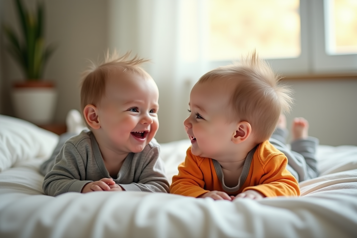 Jumeaux identiques jouant dans leur lit à la maison