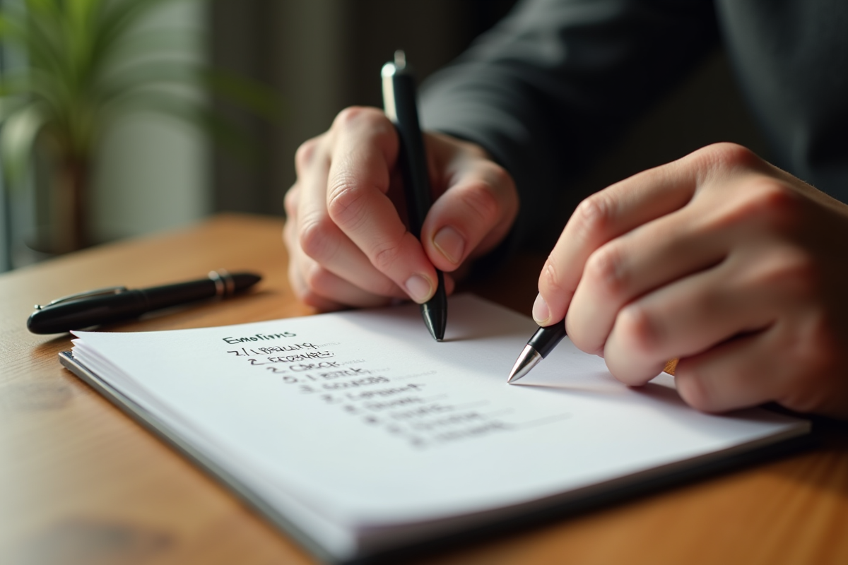 Mains crispées sur une table en bois avec un carnet et un stylo