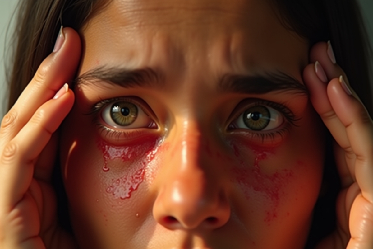 Mains tenant des yeux irrites avec larmes visibles