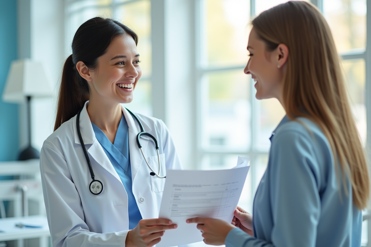Medecin souriante montrant un diagramme à une jeune femme