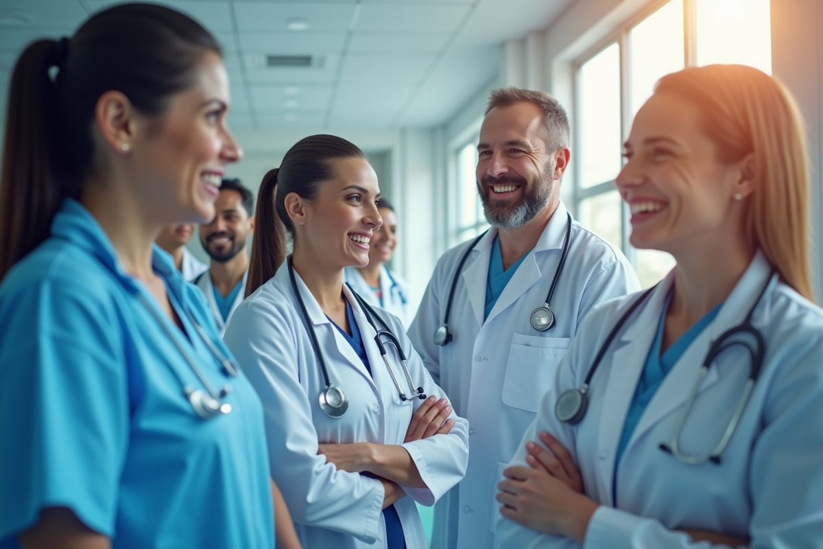 Groupe de médecins et patients souriants avec illustration de cellules et ADN