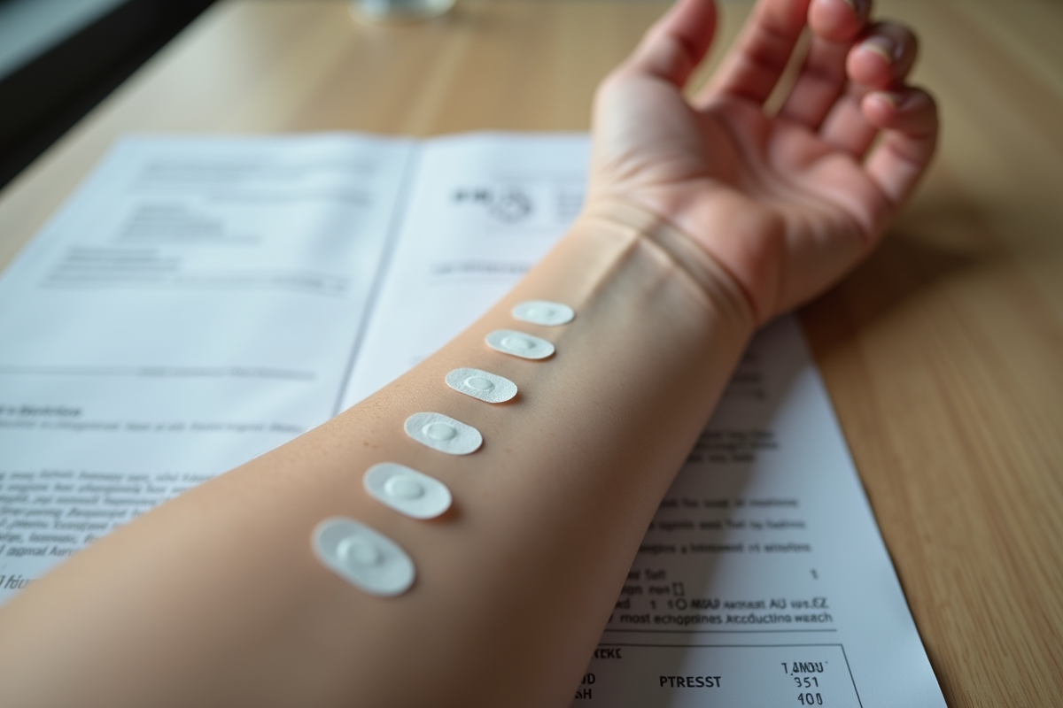 Prise en gros plan de patches allergie sur le bras du patient