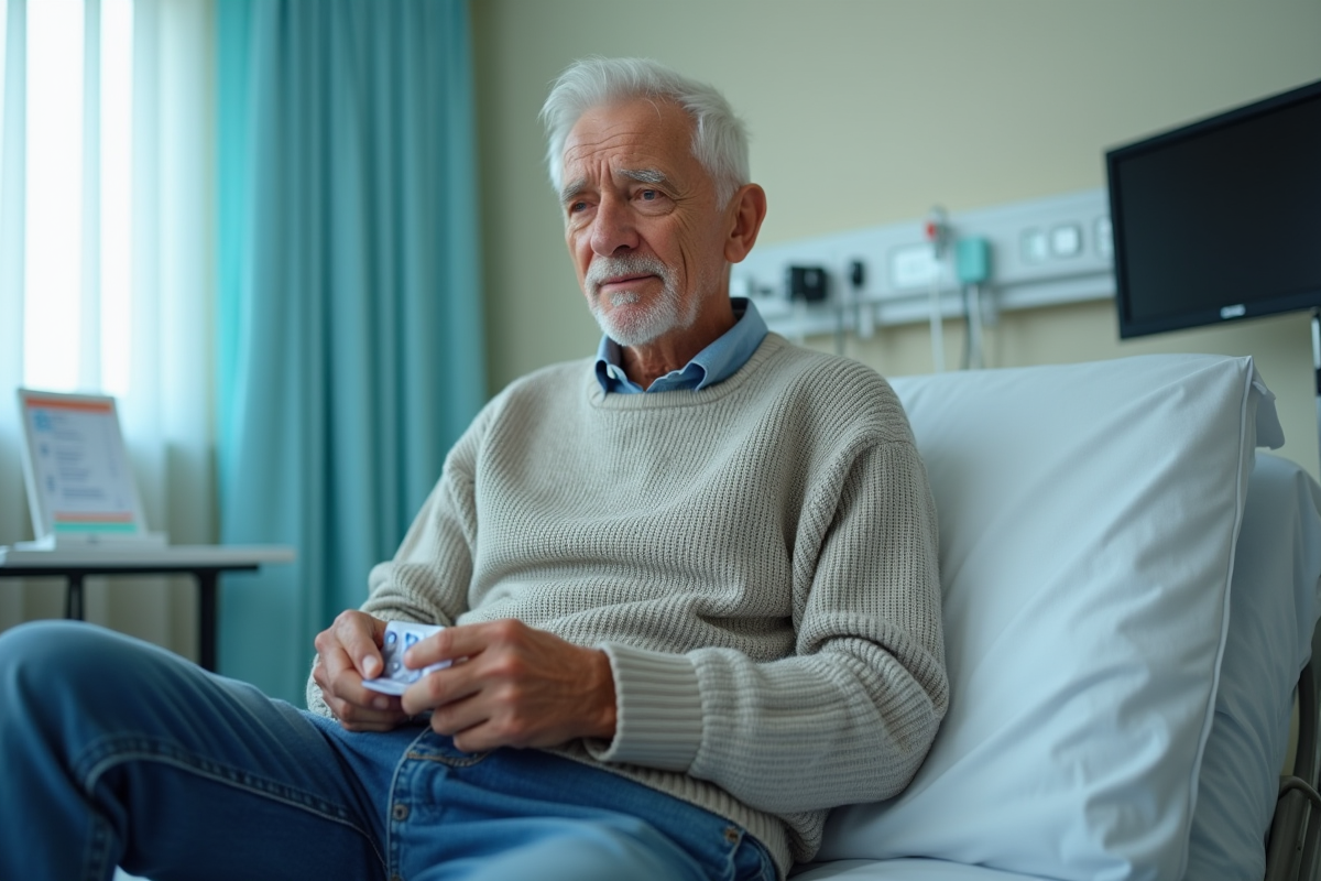 Patient âgé assis sur un lit d