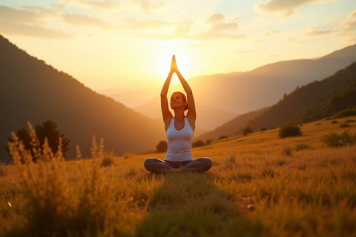 Personne faisant du yoga au lever du soleil en pleine nature