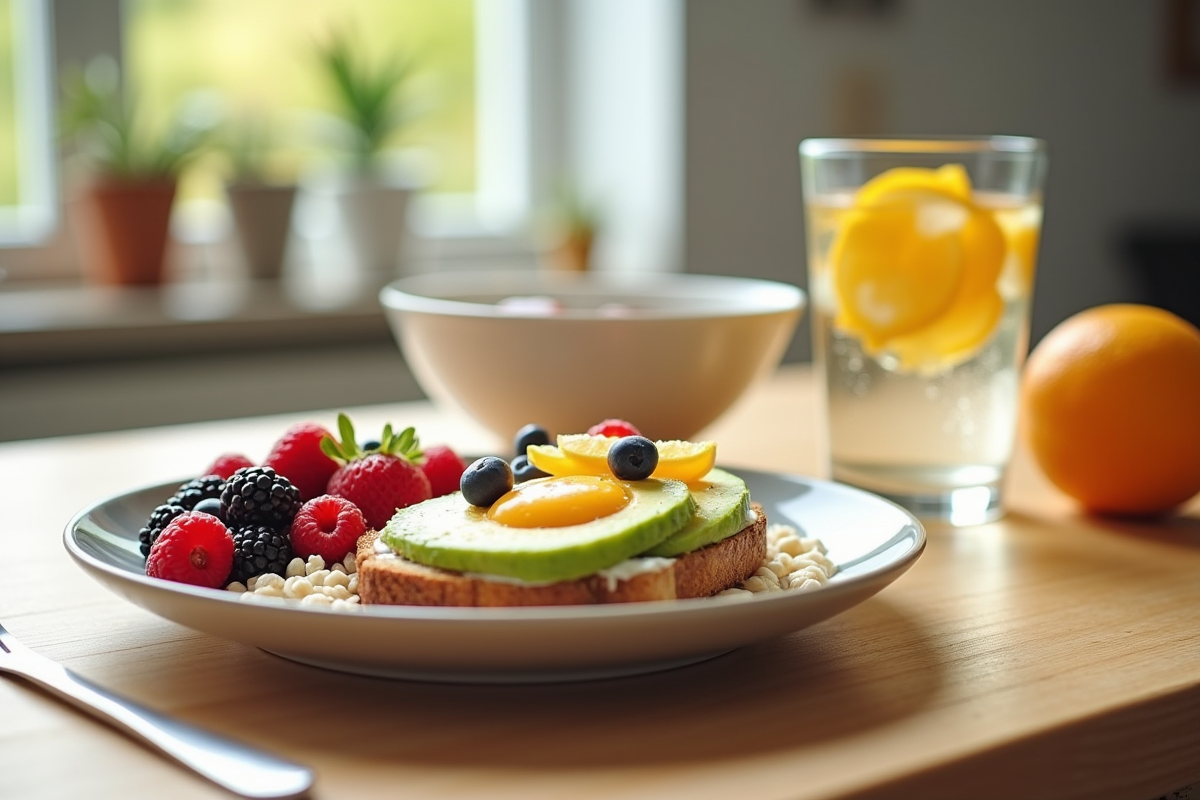 Petit déjeuner équilibré avec flocons et fruits frais