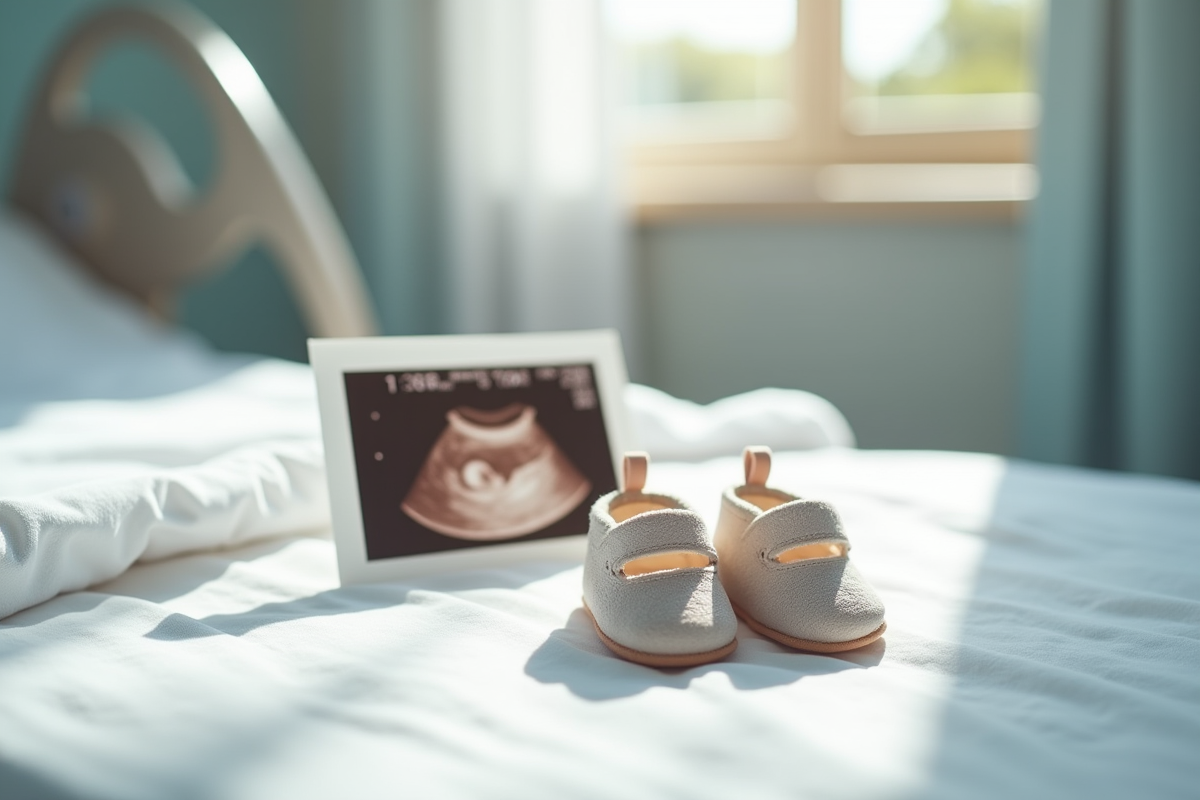 Petites chaussures de bébé posées sur un lit d