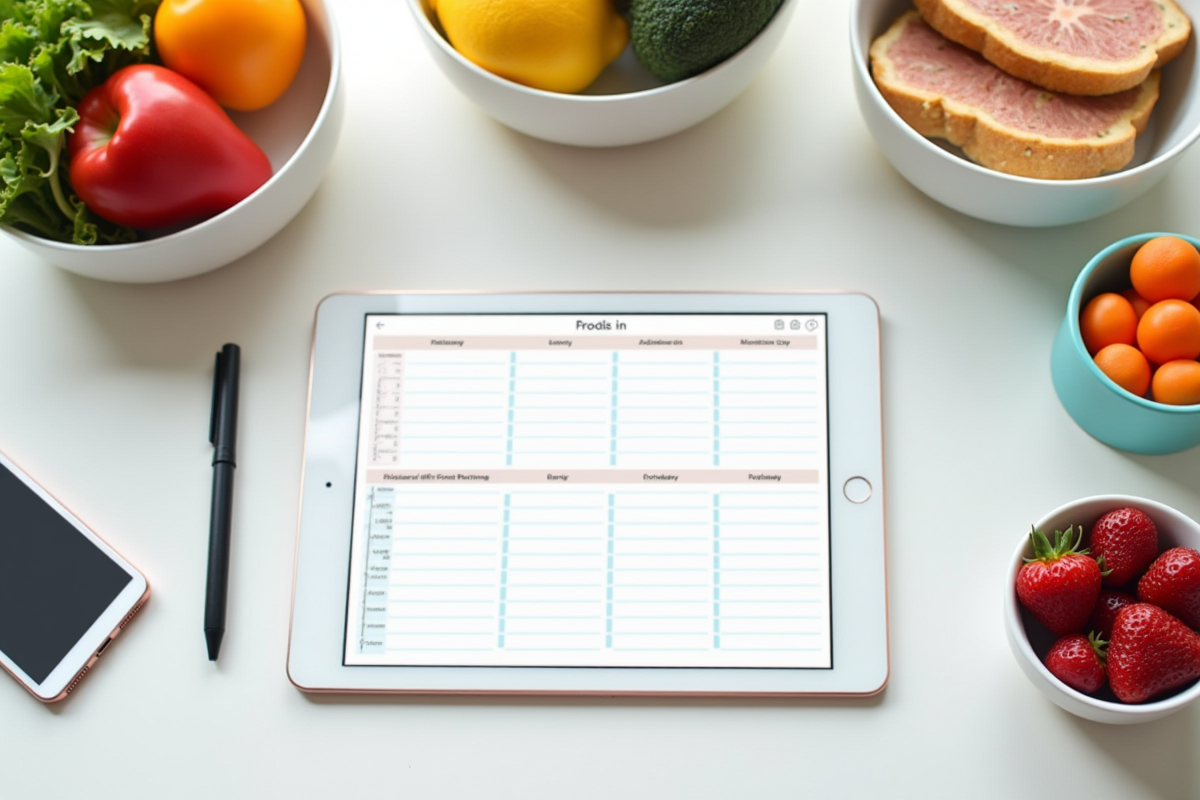 Planificateur alimentaire coloré avec tablette et ustensiles sains