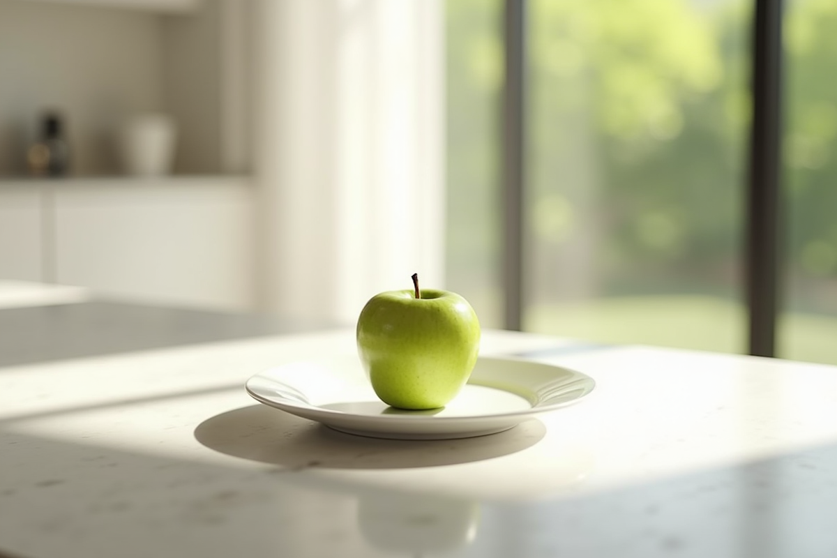 Assiette blanche avec une pomme verte sur une table lumineuse