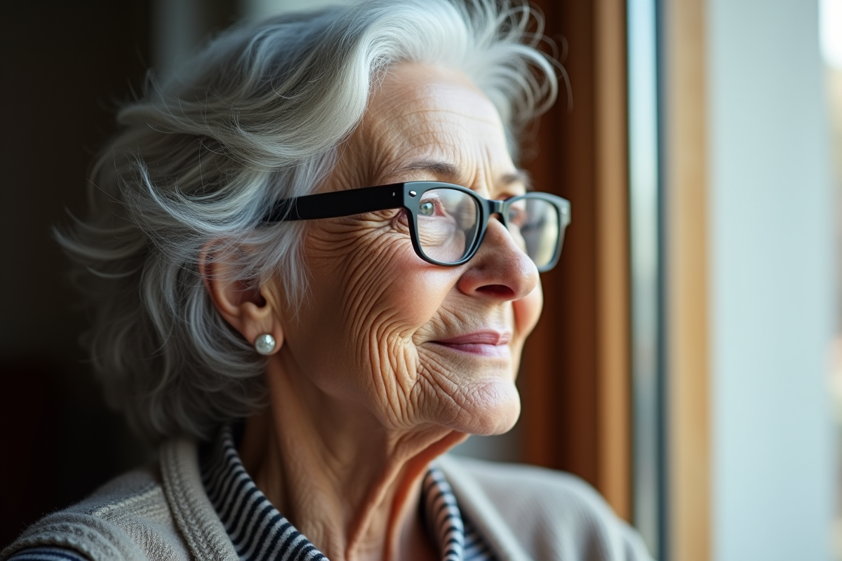 Femme senior avec lunettes regardant par la fenetre