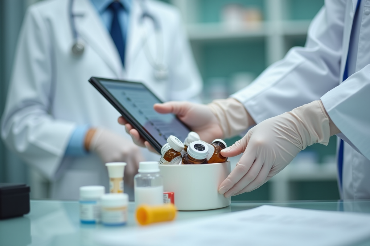 Pharmacien portant des gants préparant des médicaments