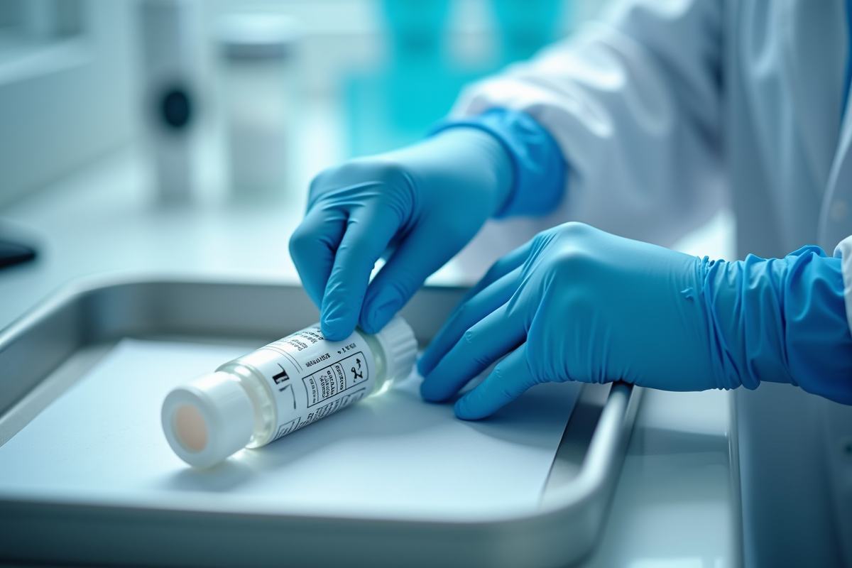 Main d’un professionnel médical manipulant un écouvillon et un tube