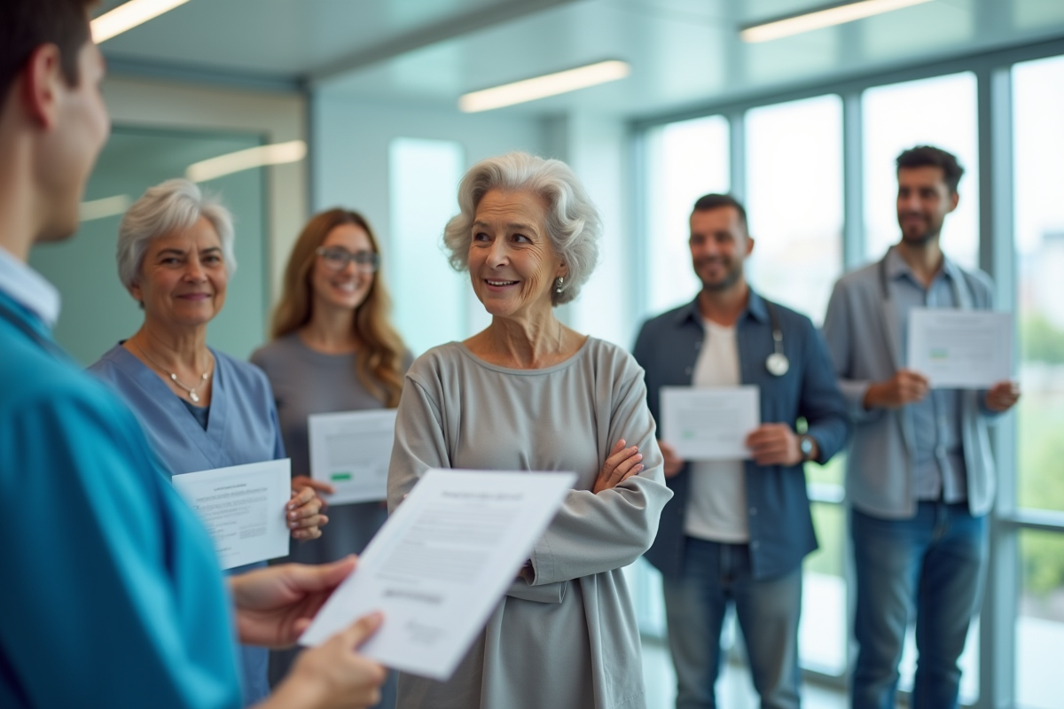 Professionnel de santé montrant des personnes avec certificats de vaccination