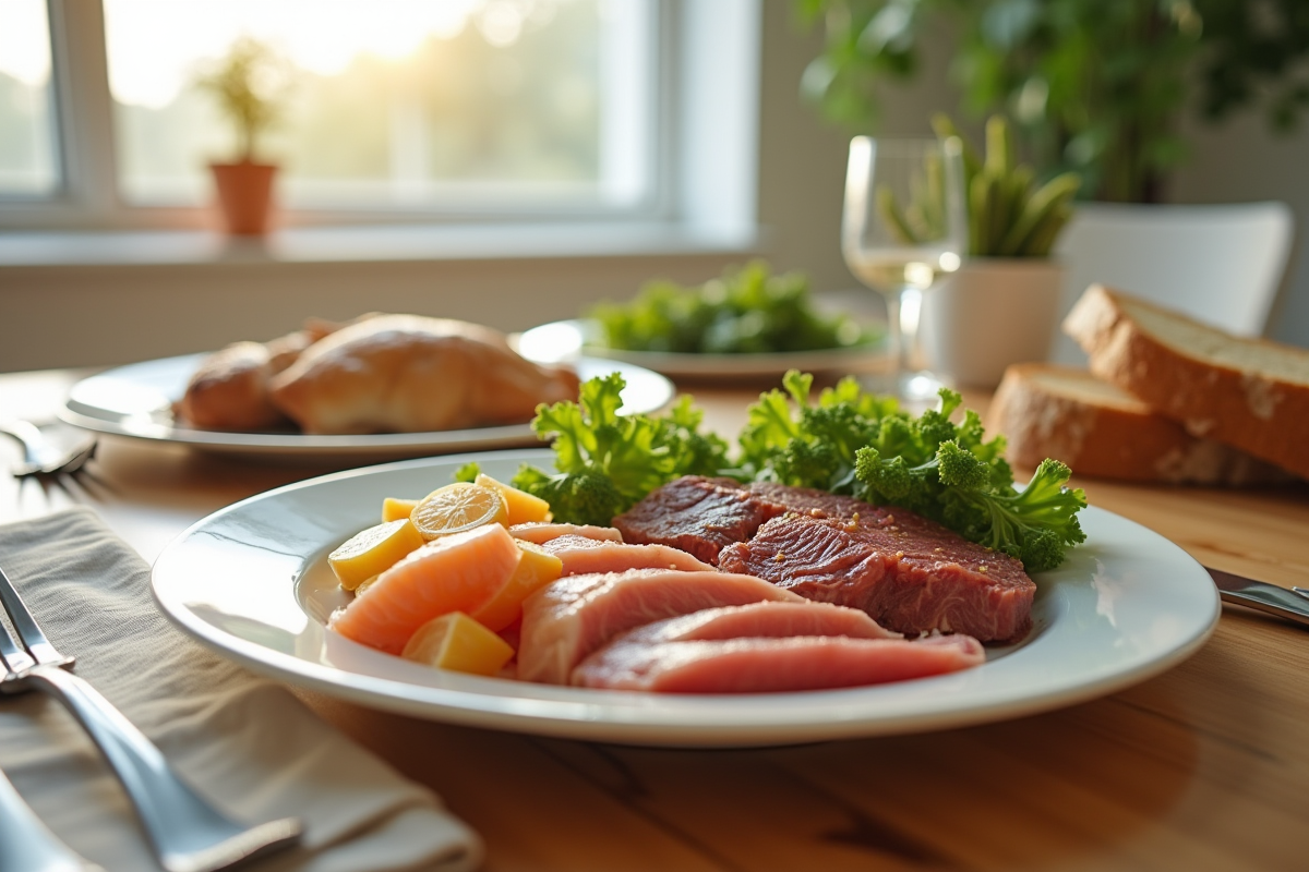 Table moderne avec repas sain de viandes et légumes verts