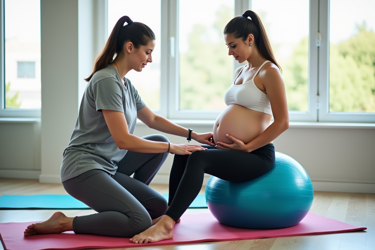 Sage-femme guidant une femme enceinte avec un ballon dans une clinique lumineuse