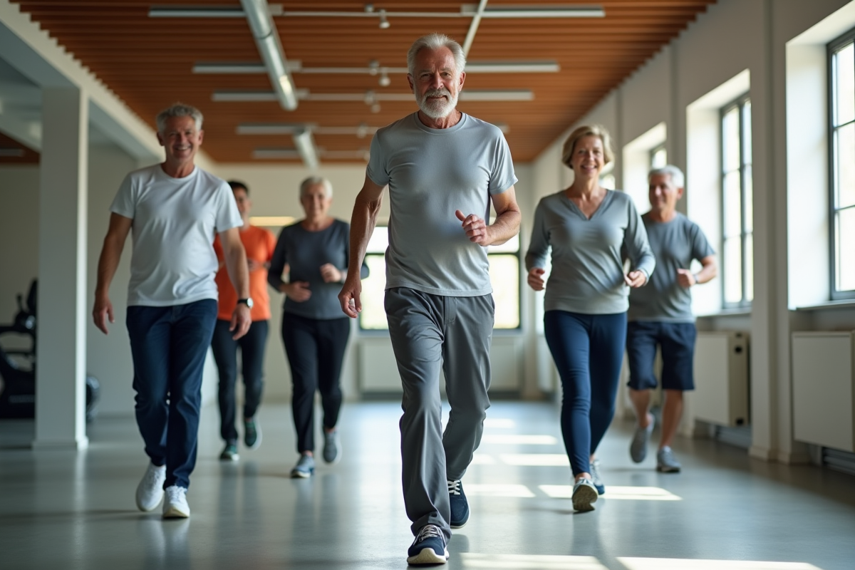Groupe de seniors en fitness avec coach dans une salle lumineuse