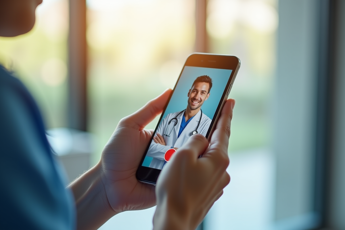 Patient utilisant une application de telemedecine sur smartphone