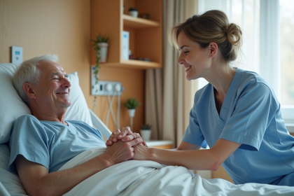 Assistante soignante aidant un patient age en chambre