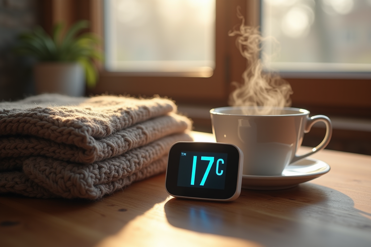 Thermomètre affichant 17°C avec tisane et écharpe en bois