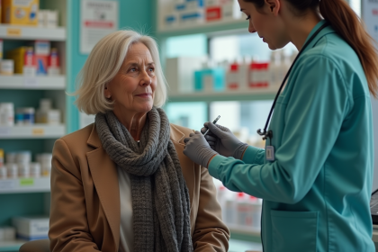 Femme d'âge moyen recevant un vaccin en pharmacie